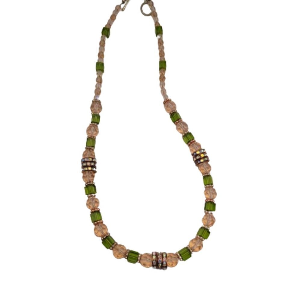 Handmade Peach and Green Beaded Necklace - 22"